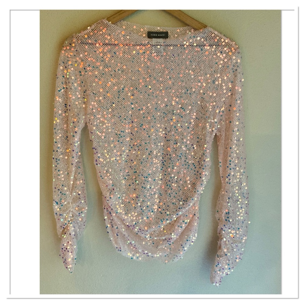 Sans Souci Sheer Sequin Ruched Top Pink Size Large